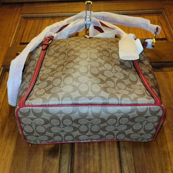 Coach Peyton Signature Convertible Shoulder Bag Tote Handbag F24601 Khaki & Red - Picture 13 of 16